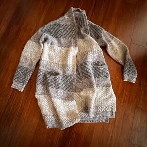 Max Studio Open-Front Sweater Cardigan Chunky Knit Monochrome Striped Gray Cream